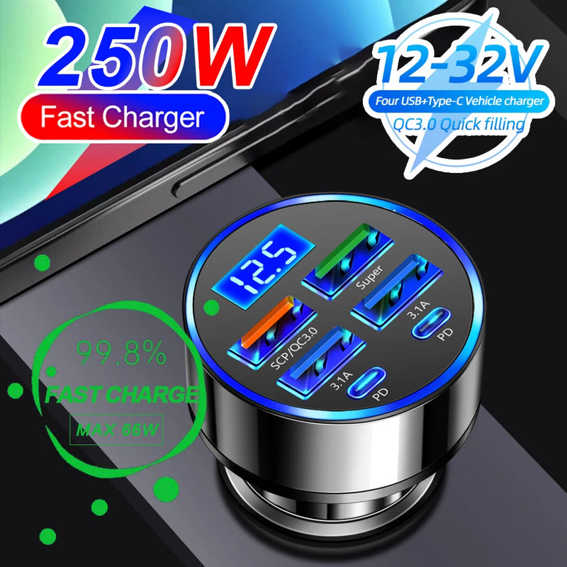 Carregador de carro PD QC3.0 de 66-250 W, carregamento rápido de um a seis, plugue para acendedor de cigarros, carregador de carro com carregamento rápido e visor digital