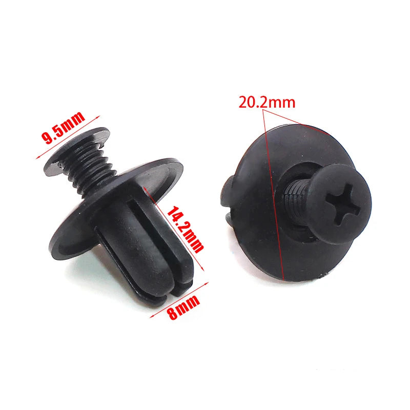 100 peças de rebites de plástico de 8 mm para fixação de para-choques de carro, rebites pretos, clipes de fixação de carro para Toyota Focus, Kia, Nissan, Yamaha