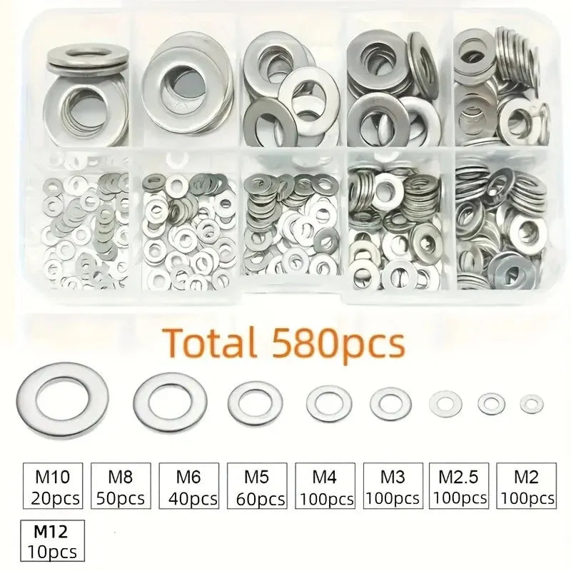 Conjunto de arruelas planas de aço inoxidável 304 com 360/580 peças, perfeito para decoração de casa, reparos de fábrica, cozinhas, lojas e muito mais