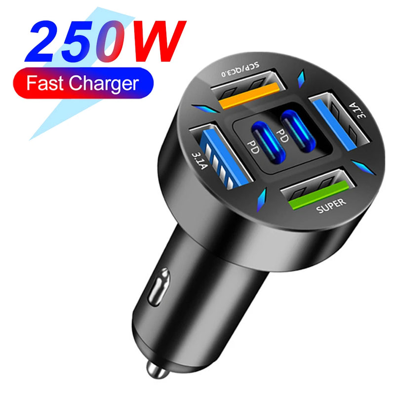Carregador de carro PD QC3.0 de 66-250 W, carregamento rápido de um a seis, plugue para acendedor de cigarros, carregador de carro com carregamento rápido e visor digital